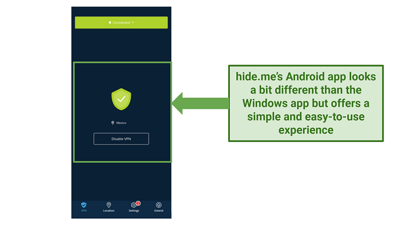 Screenshot of hideme's mobile UI