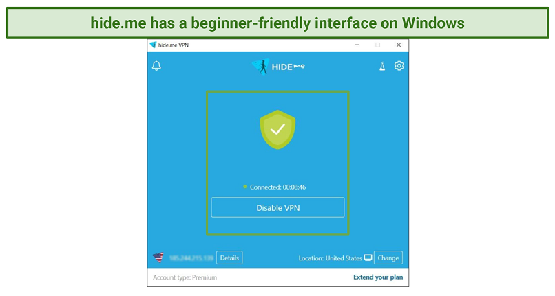 Screenshot of hideme's Windows UI