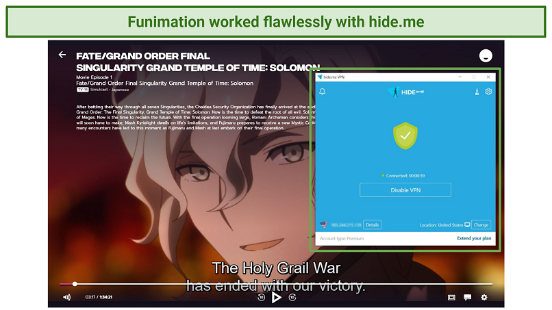 A screenshot of Funimation working using hideme's US server