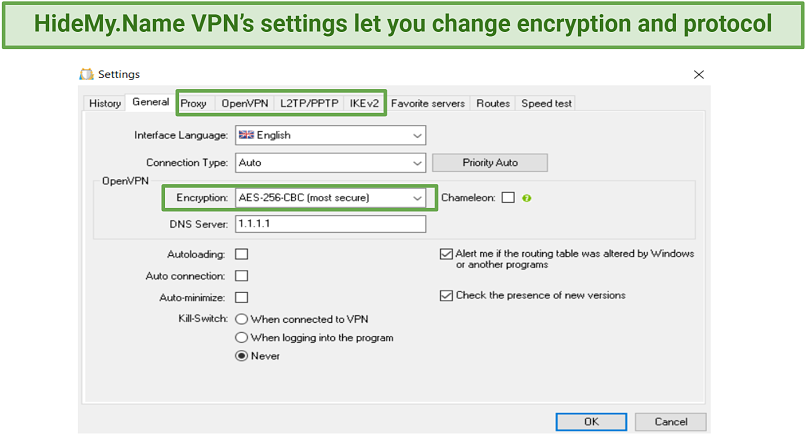 Graphic showing HideMy.Name VPN's protocols and encryption settings