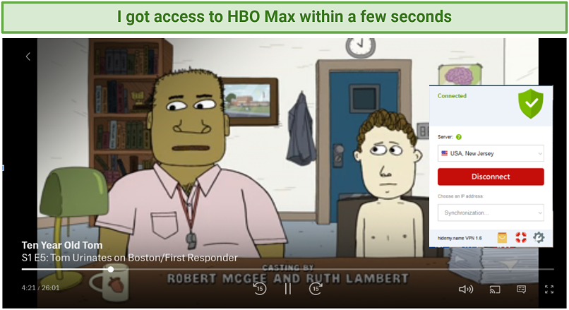 Screenshot showing HBO Max streaming with Hidemy.Name