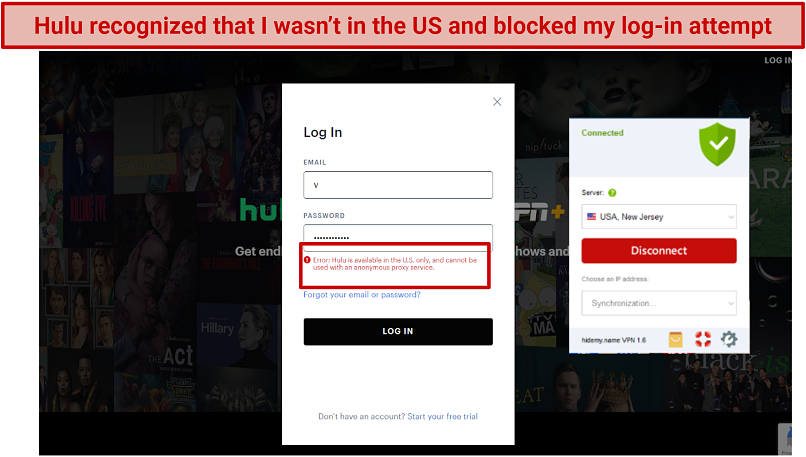 Screenshot showing Hulu blocking HideMy.Name