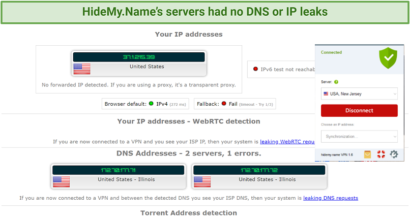 screenshot of hidemy.name vpn ip and dns leak test