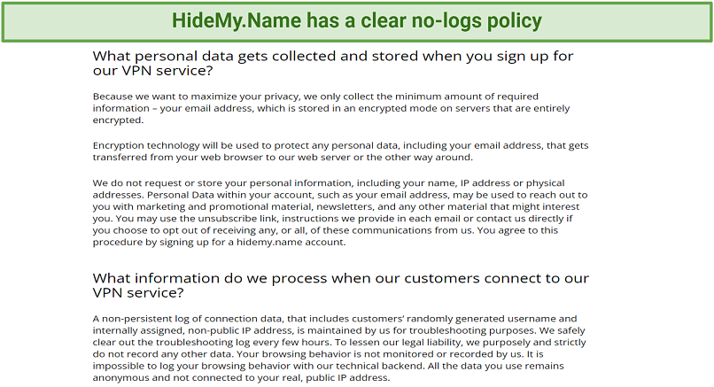 Graphic showing HideMy.Name VPN's privacy policy