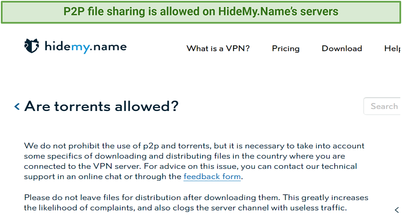 Graphic showing HideMy.Name's torrent policy