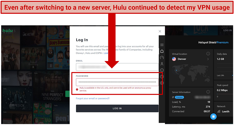 A screenshot showing Hotspot Shield failed to unblock Hulu