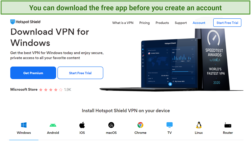 A screenshot showing Hotspot Shield's download page