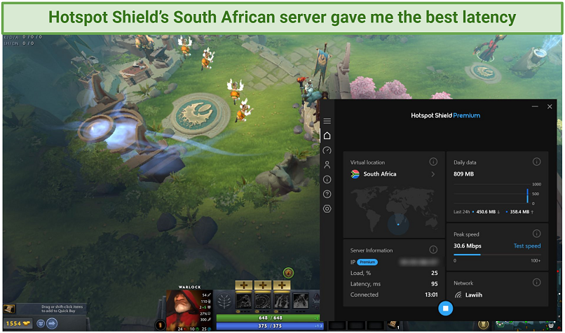 A screenshot showing Hotspot Shield is good for online gaming