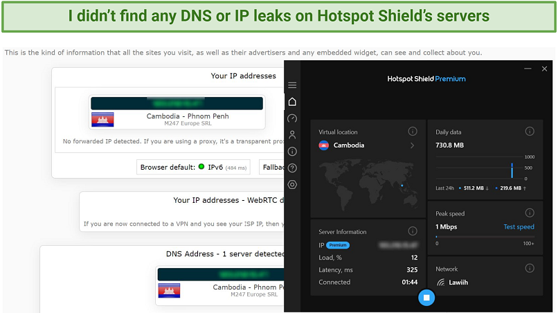 A screenshot showing Hotspot Shield passed my leak tests