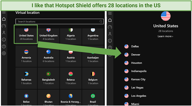 Screenshot of Hotspot Shield's server network on the Windows app highlighting the US locations