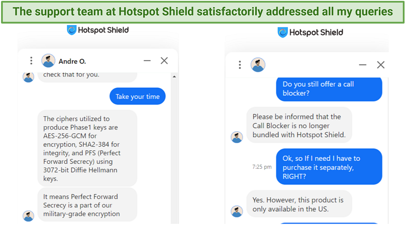 A screenshot showing Hotspot Shield's dependable live chat support feature