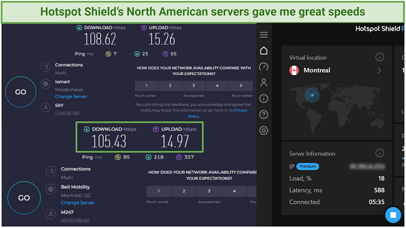A Screenshot of Ookla speed tests done while connected to Hotspot Shield's Montreal server and with no VPN connected