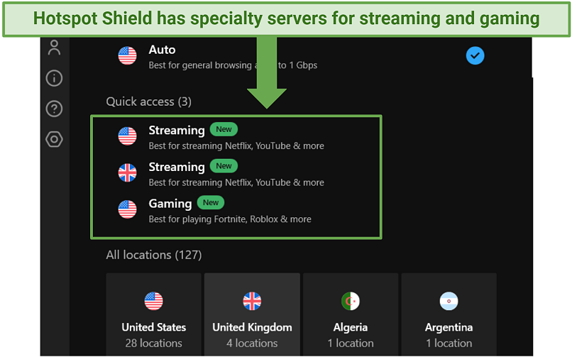 A screenshot showing hotspot Shield has special servers for gaming and streaming
