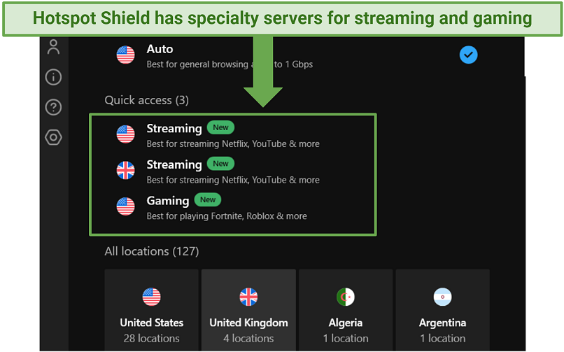 Ένα στιγμιότυπο οθόνης που δείχνει Hotspot Shield διαθέτει ειδικούς διακομιστές για τυχερά παιχνίδια και ροή