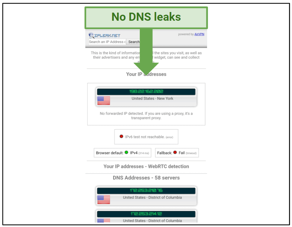 Screenshot of a DNS leak test using HotVPN.