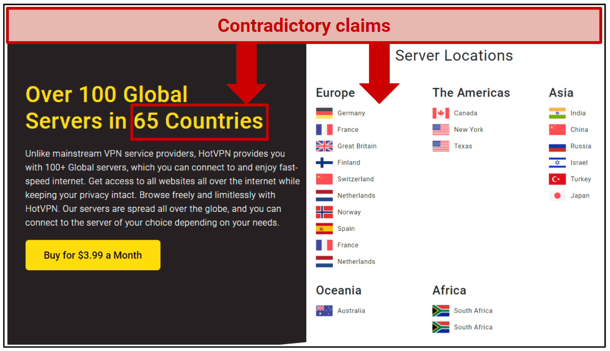 Screenshot of the claims HotVPN makes on its number of servers.