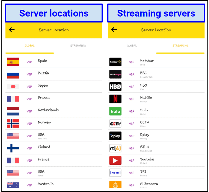 Screenshot of HotVPN Servers.