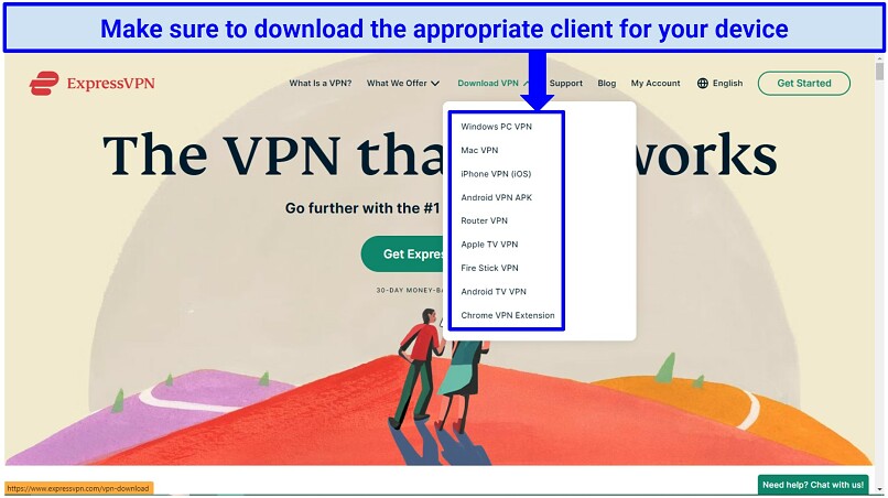 Screenshot of ExpressVPN's home page with download links for various devices