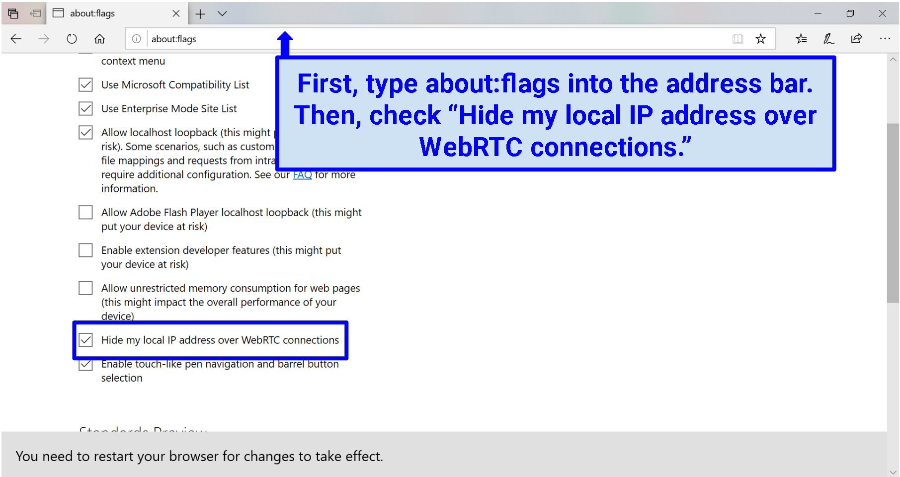A screenshot of the Microsoft Edge about:flags page with Hide mi IP over WebRTC connections enabled. 
