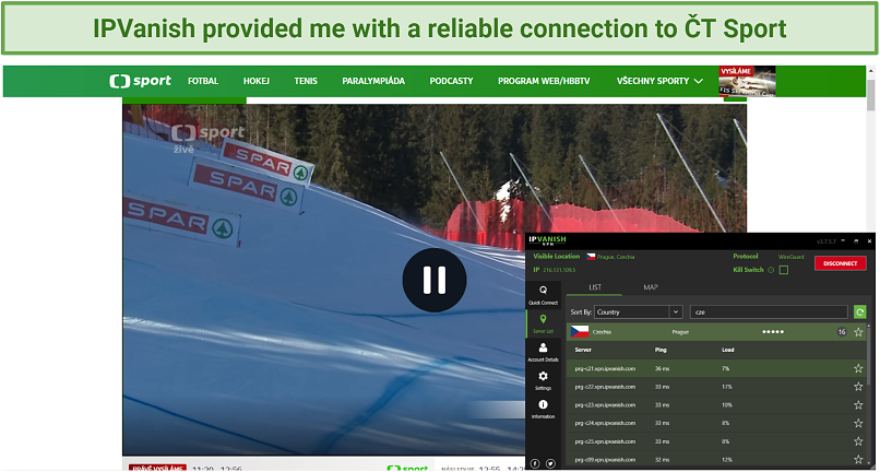 screenshot of CT Sport unblocked with IPVanish