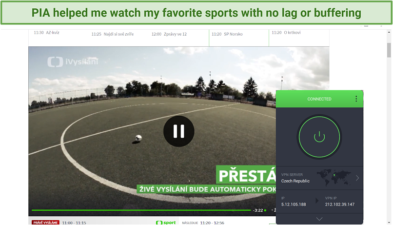 screenshot of CT Sport unblocked with PIA