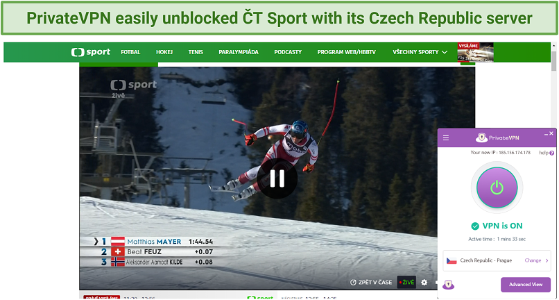 screenshot of CT Sport unblocked with PrivateVPN