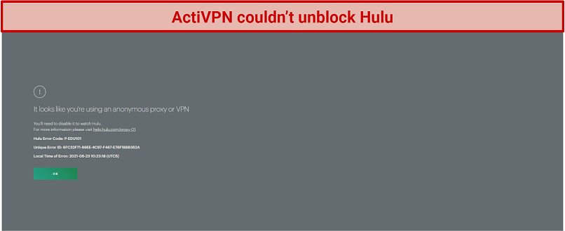 screenshot of Hulu player geoblocked with ActiVPN