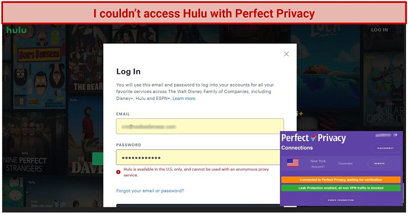 A screenshot showing Hulu detecting and blocking Perfect Privacy VPN