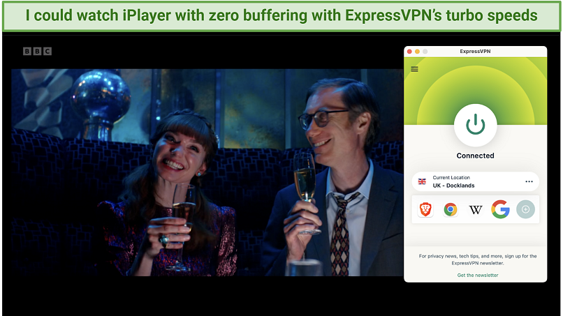 Screenshot showing the ExpressVPN app connected to a UK server, streaming The Outlaws on BBC iPlayer