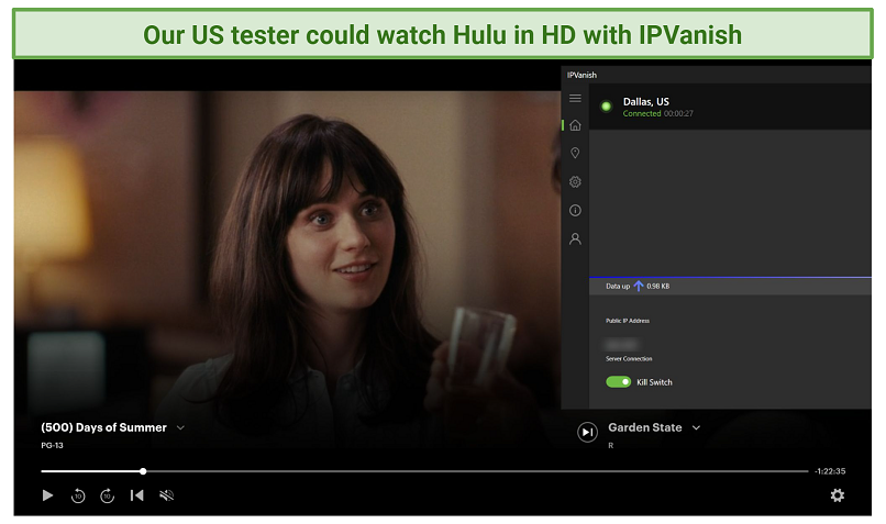 Screenshot of Hulu player streaming 500 Days of Summer while connected to IPVanish's Dallas server