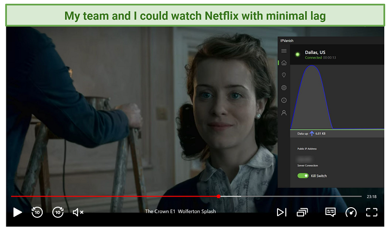 Screenshot of Netflix player streaming The Crown while connected to IPVanish's Dallas server
