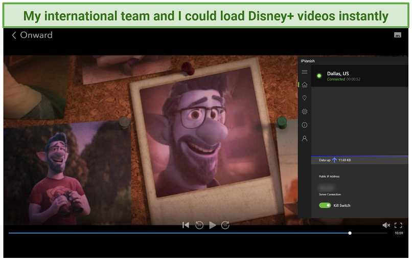 Screenshot of Disney Plus player streaming Onward while connected to IPVanish's Dallas server
