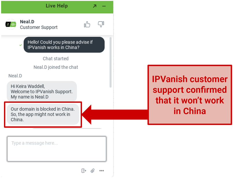 Screenshot of conversation with IPVanish chat support confirming the VPN does not work in China