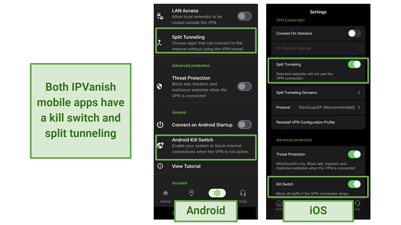 A screenshot showing the Settings menu of the IPVanish Android and iOS apps