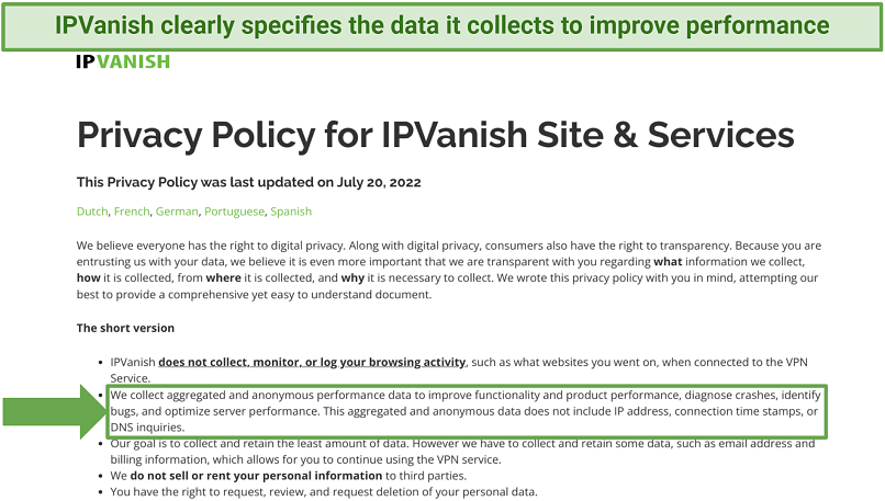 Screenshot of IPVanish's privacy policy explaining what data it collects