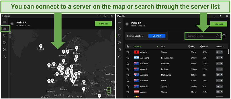 Screenshot of IPVanish's server map and list on Windows app