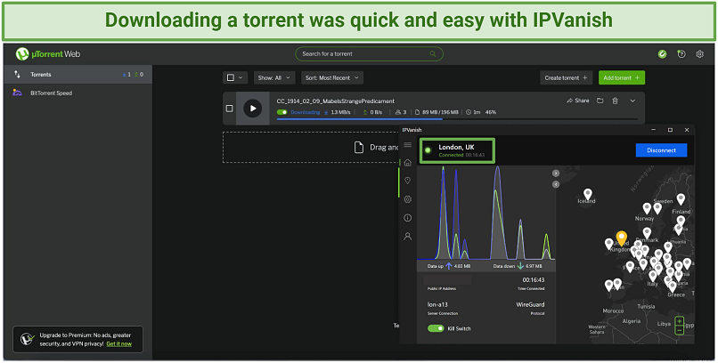 Screenshot of IPVanish torrenting with uTorrent on London server
