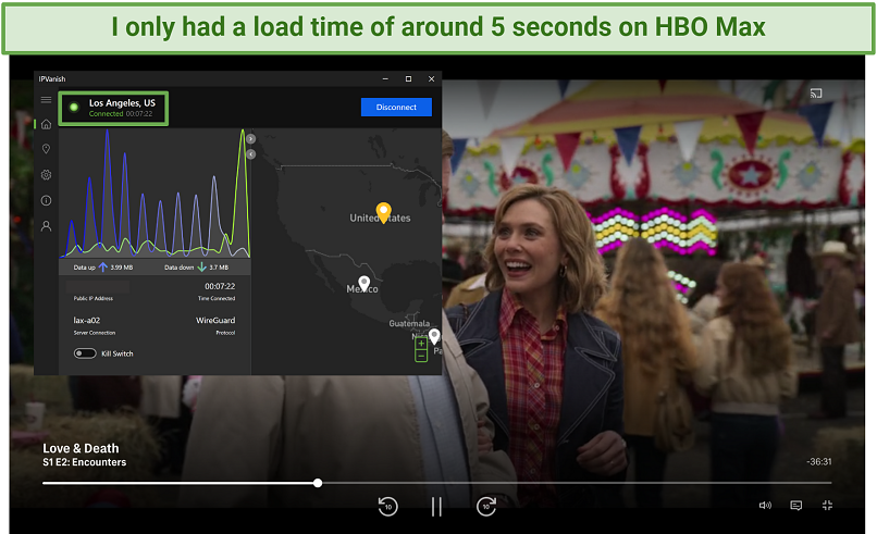 Screenshot of IPVanish unblocking HBO Max on LA server
