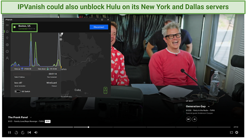 Screenshot of IPVanish unblocking Hulu on Boston server