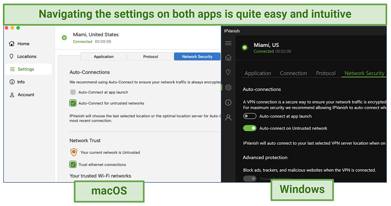 Side-by-side screenshots of IPVanish's settings menu on the Windows and macOS app