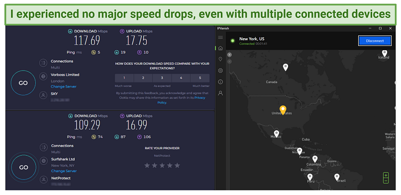 A screenshot showing the difference in speeds between a base connection and a connection to an IPVanish New York server