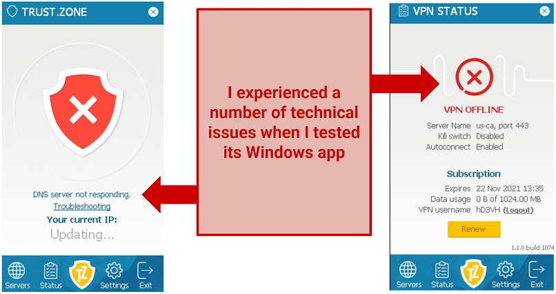 Graphic showing issues using Trust.Zone VPN's Windows app