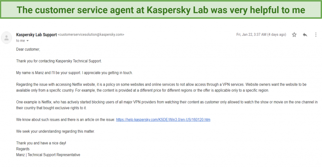 Graphic showing customer support email from Kaspersky Secure