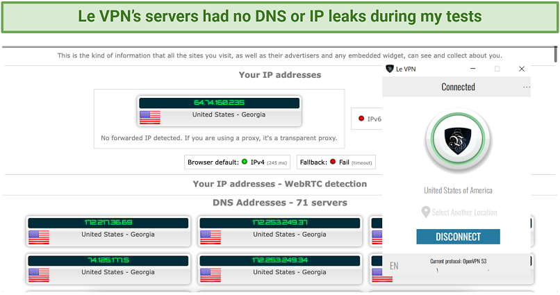 Graphic showing a DNS leak test with Le VPN