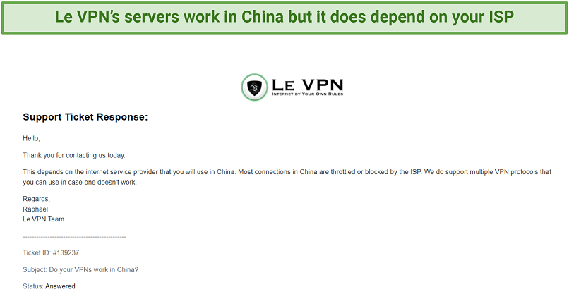 Graphic showing that Le VPN works in China