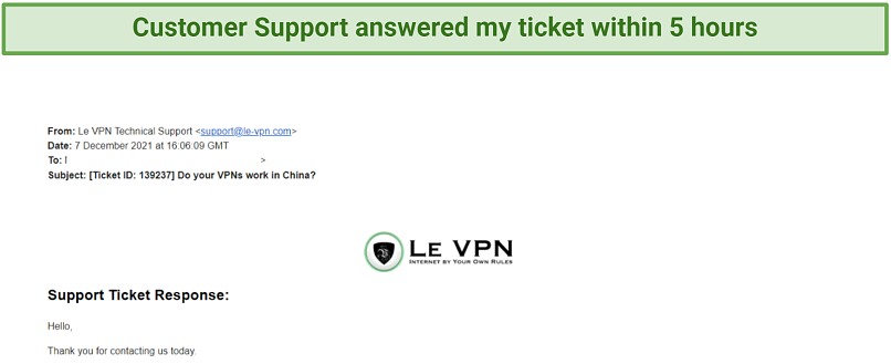 Graphic showing Le VPN's customer service response