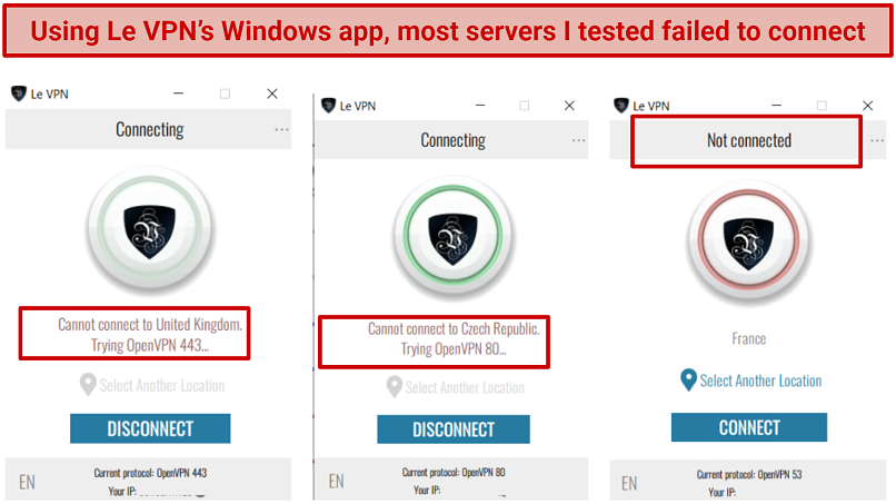Graphic showing servers failing on Le VPNs Windows app test