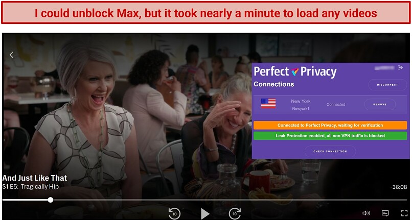 Screenshot of Max player streaming And Just Like That while connected to Perfect Privacy