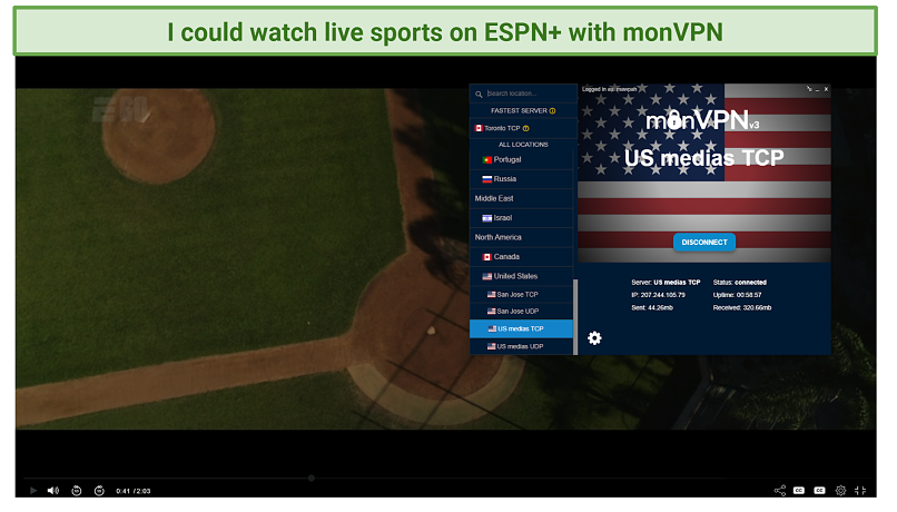 screenshot of ESPN+ player unblocked by monVPN