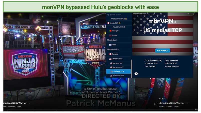 screenshot of Hulu player streaming American Ninja Warrior unblocked by monVPN